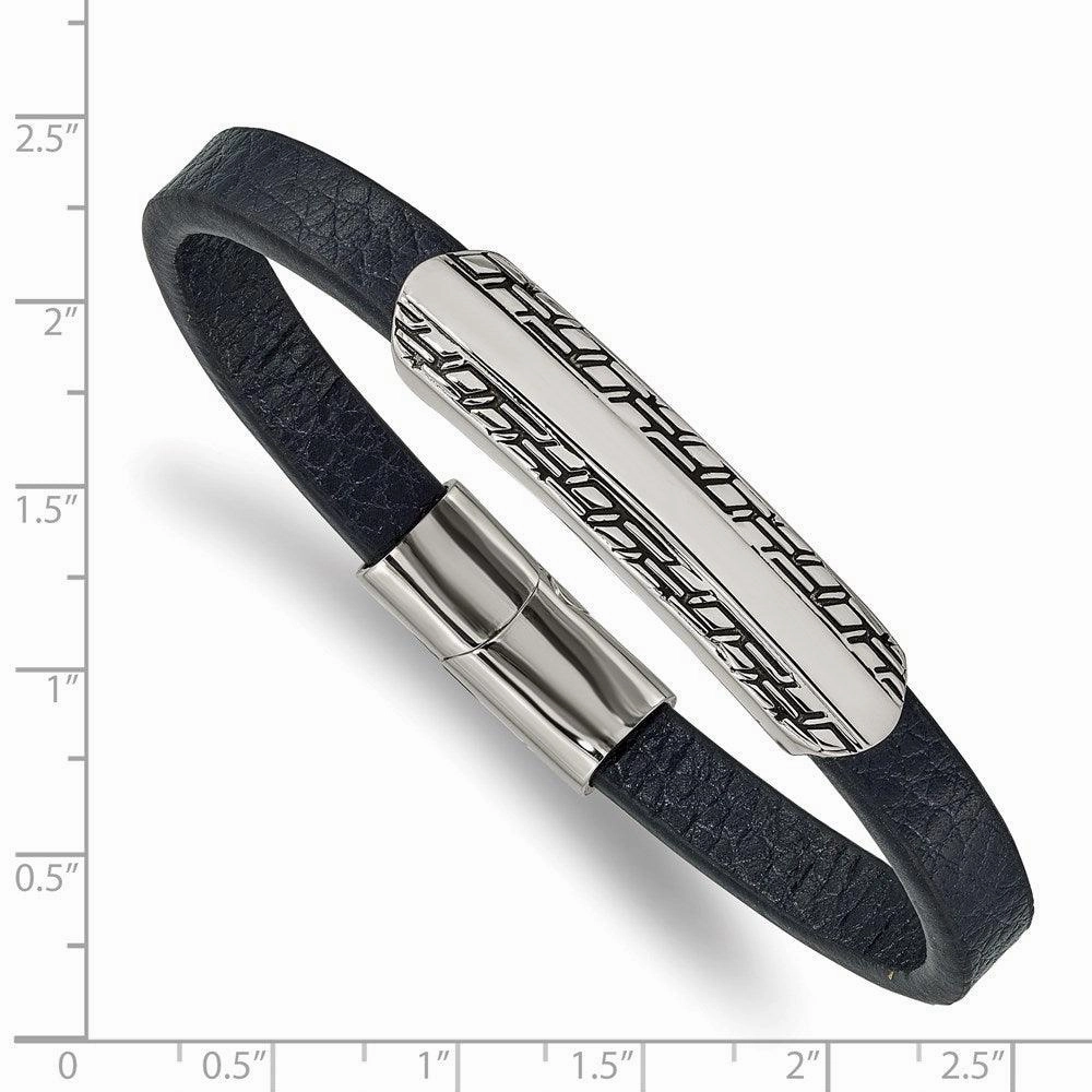 Stainless Steel Antiqued and Polished Blue Leather 8.25in Bracelet