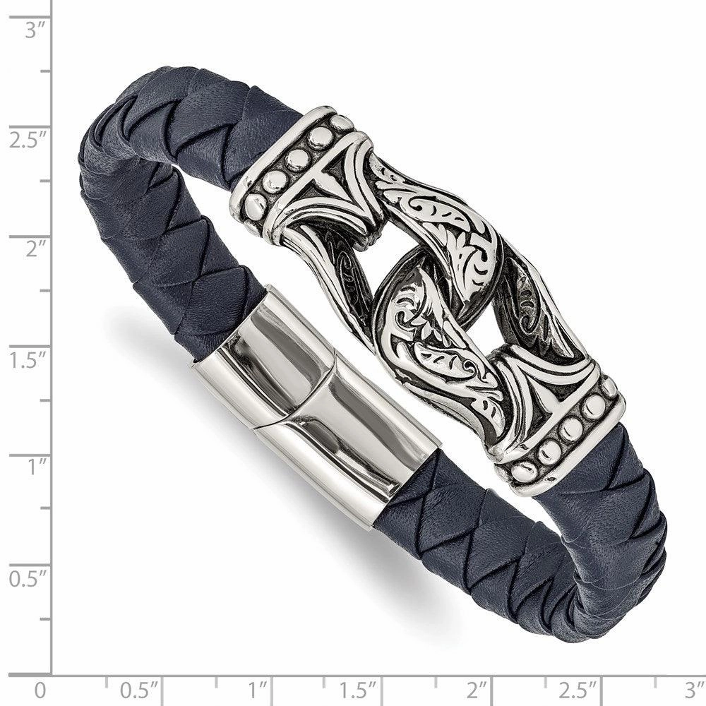 Stainless Steel Antiqued and Polished Blue Leather 8.75in Bracelet