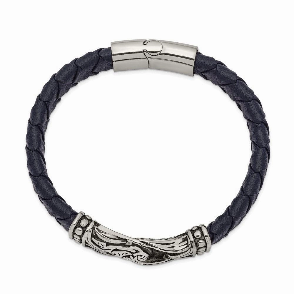 Stainless Steel Antiqued and Polished Blue Leather 8.75in Bracelet