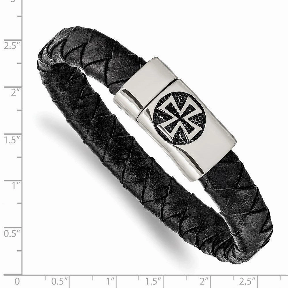 Stainless Steel Antiqued and Polished Cross Black Leather 8.5in Bracelet