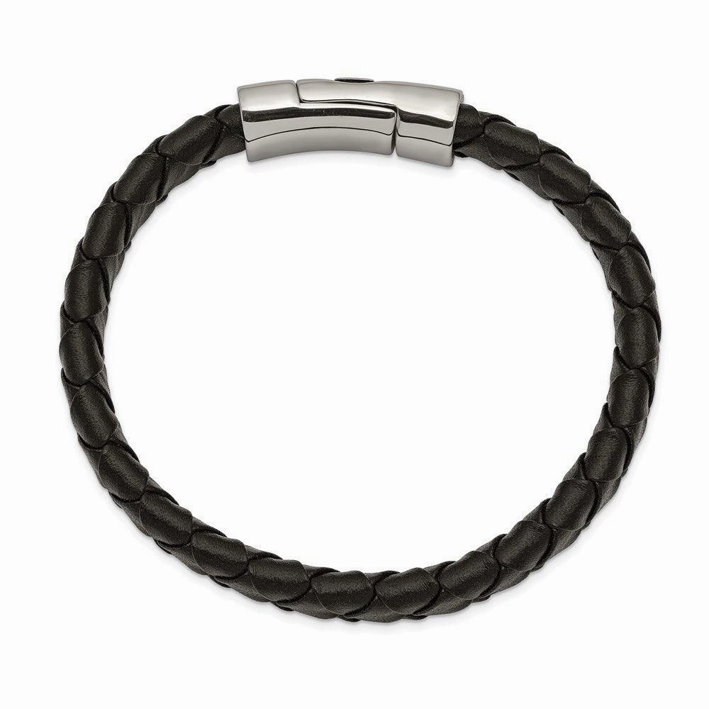 Stainless Steel Antiqued and Polished Cross Black Leather 8.5in Bracelet