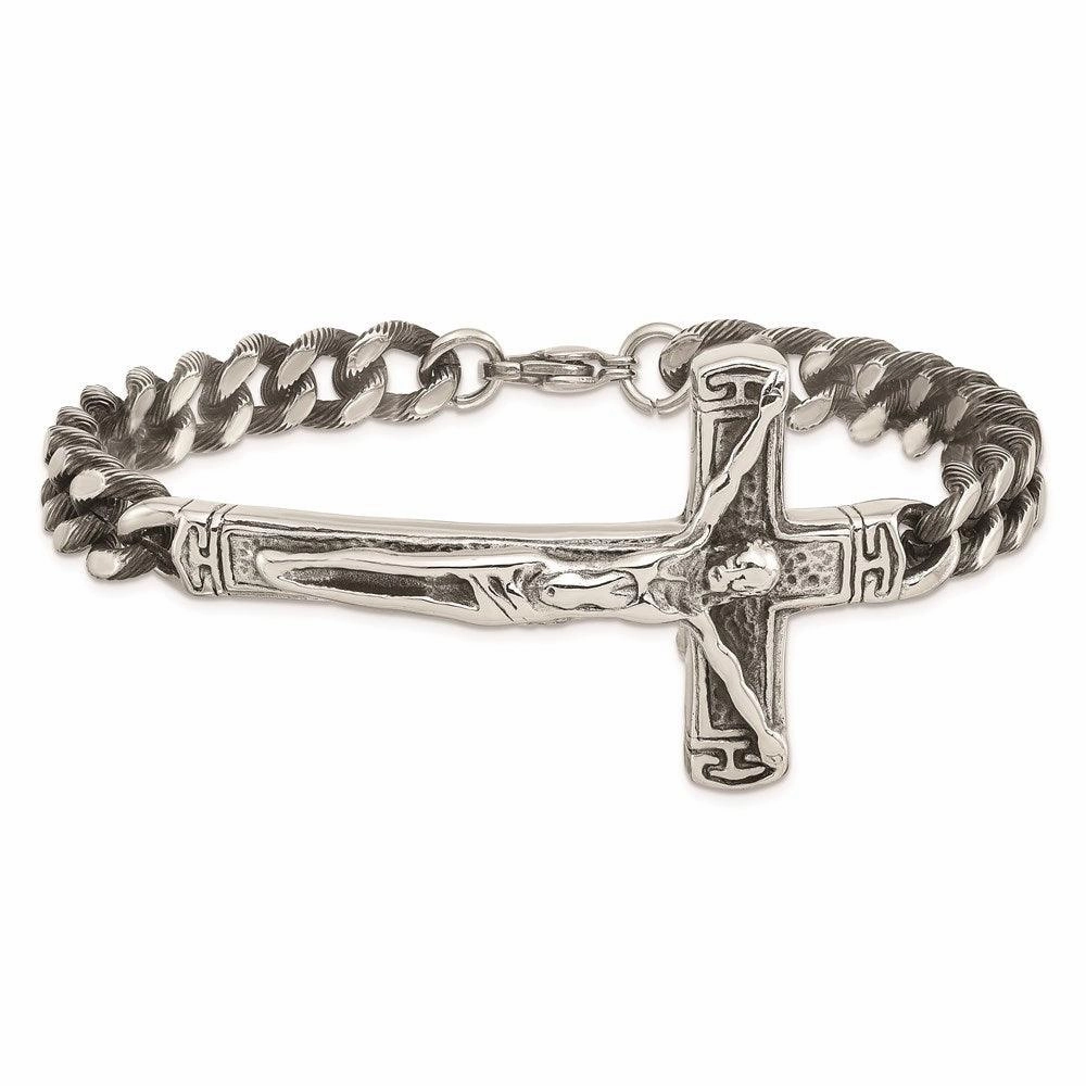 Stainless Steel Antiqued and Polished Crucifix 8.75in Bracelet