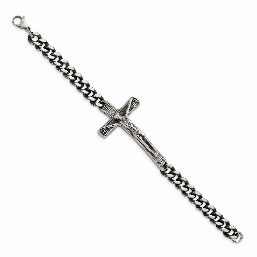 Stainless Steel Antiqued and Polished Crucifix 8.75in Bracelet