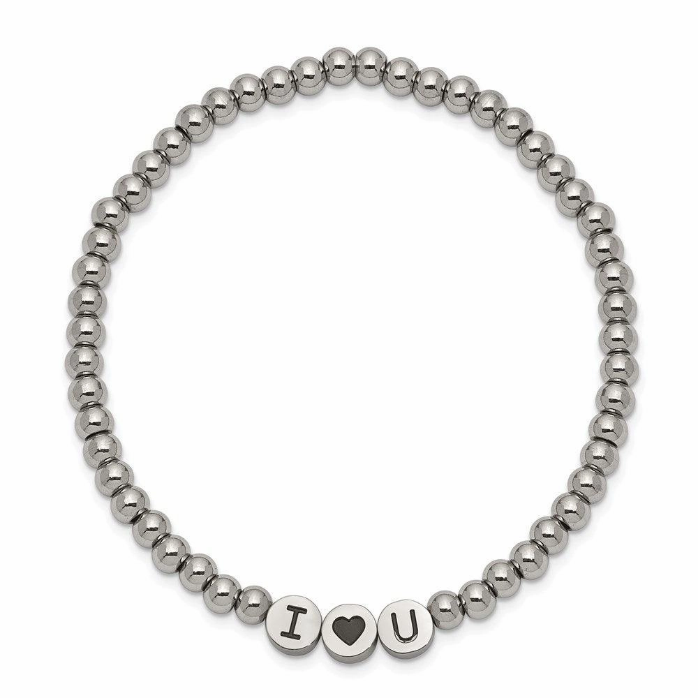 Stainless Steel Antiqued and Polished I HEART U Stretch Bracelet