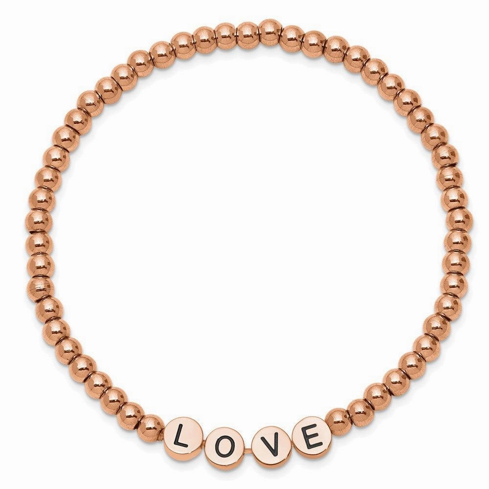 Stainless Steel Antiqued and Polished Rose IP LOVE Stretch Bracelet