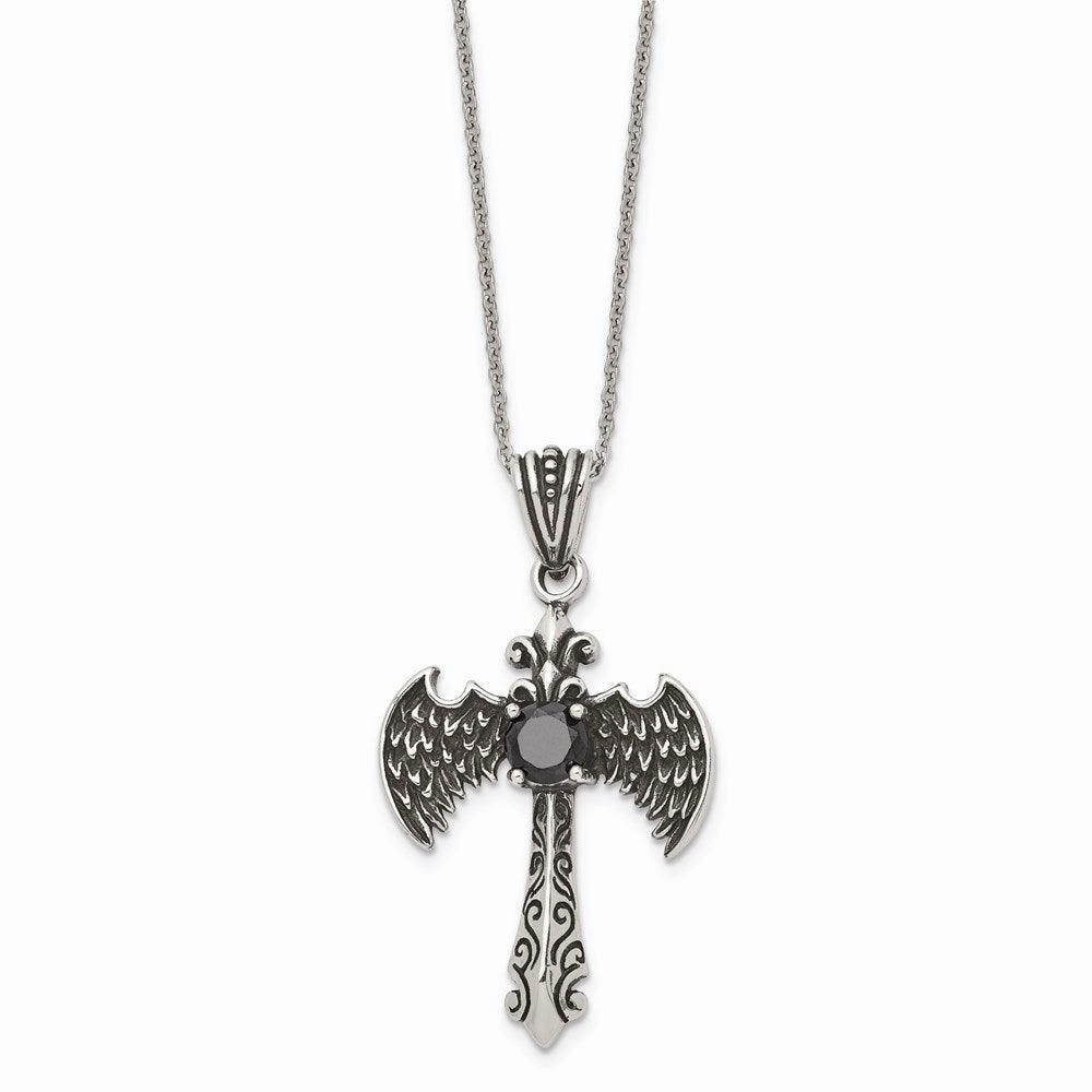 Stainless Steel Antiqued and Polished w/ Black CZ Cross Necklace