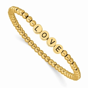 Stainless Steel Antiqued and Polished Yellow IP LOVE Stretch Bracelet