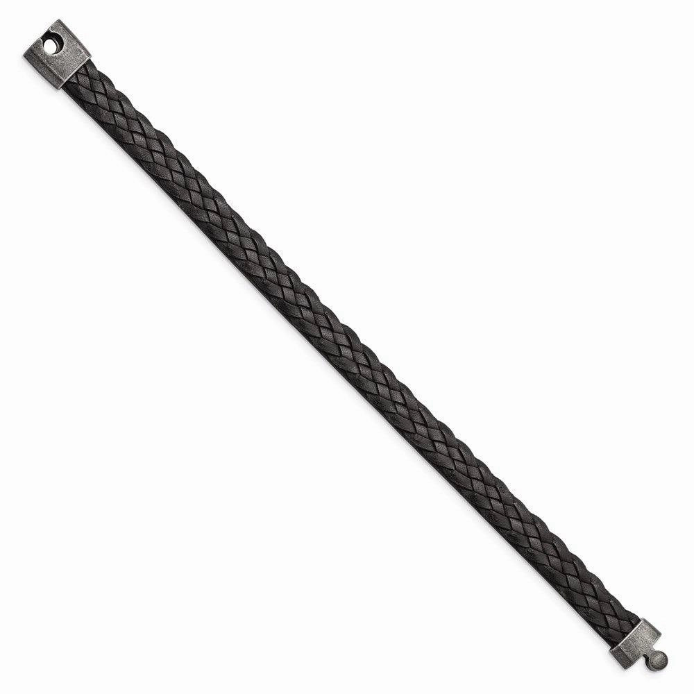 Stainless Steel Antiqued Black Braided Leather 8.25in Bracelet