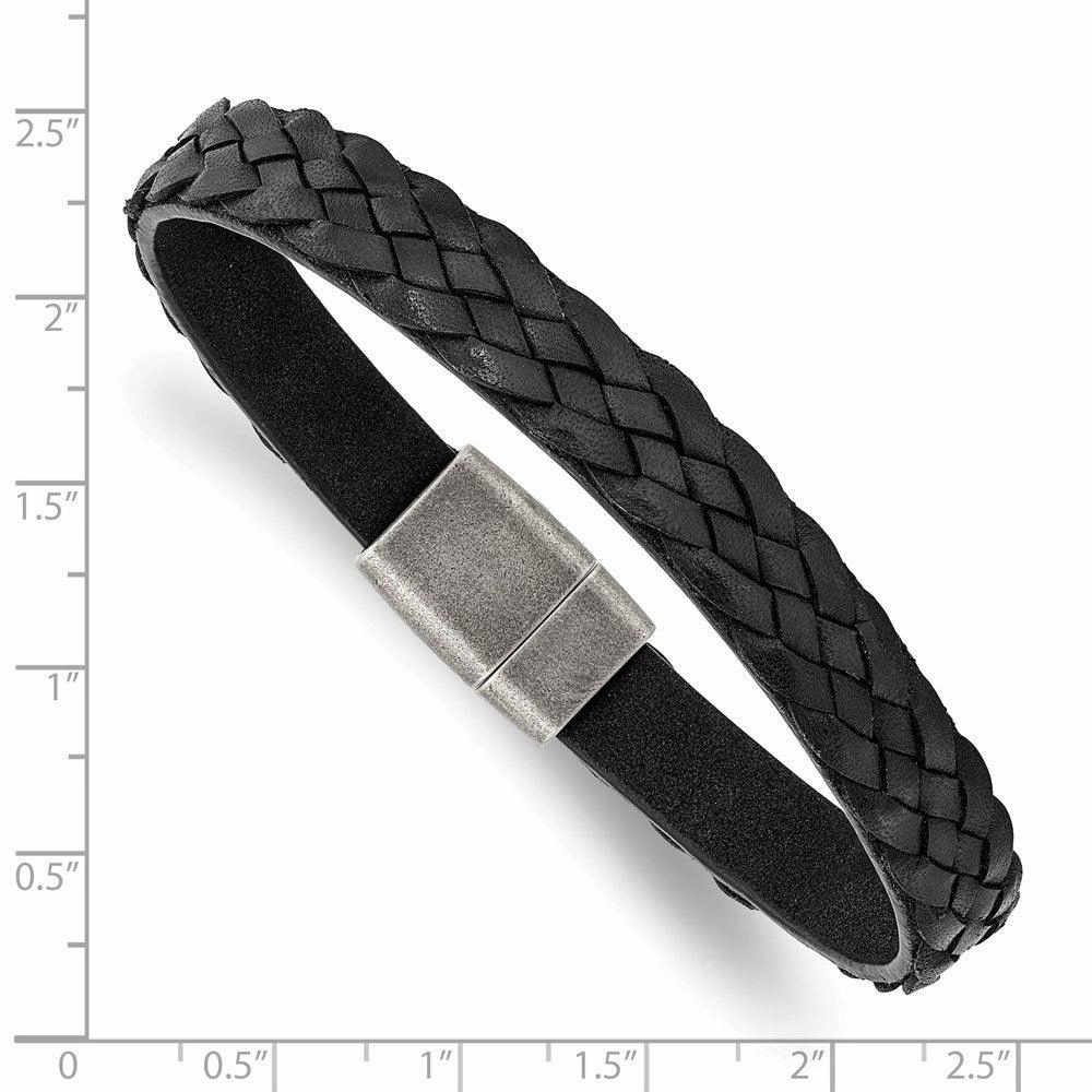 Stainless Steel Antiqued Black Braided Leather 8.25in Bracelet