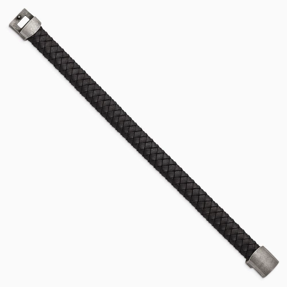 Stainless Steel Antiqued Black Leather 8.25in Bracelet