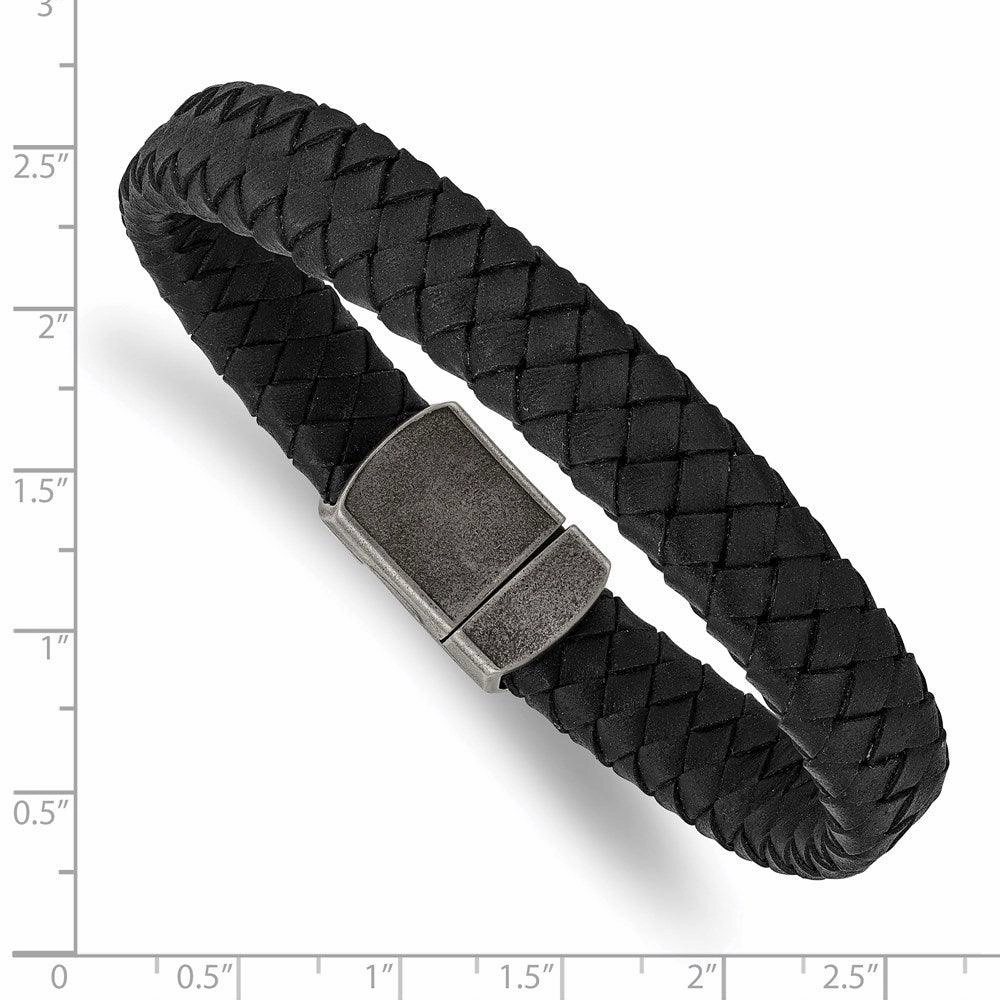 Stainless Steel Antiqued Black Leather 8.25in Bracelet