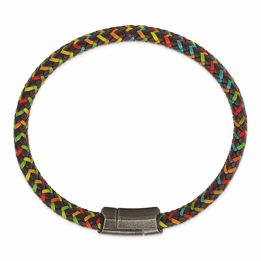Stainless Steel Antiqued Brown Leather with Multi-colored Nylon Bracelet