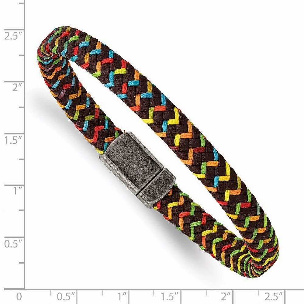 Stainless Steel Antiqued Brown Leather with Multi-colored Nylon Bracelet
