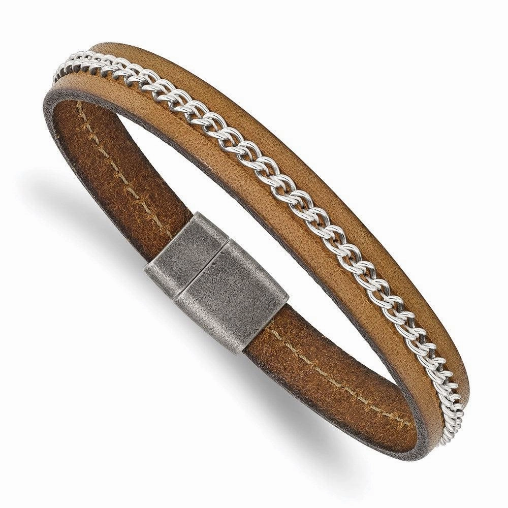 Stainless Steel Antiqued Brushed & Polished Brown Leather & Chain Bracelet