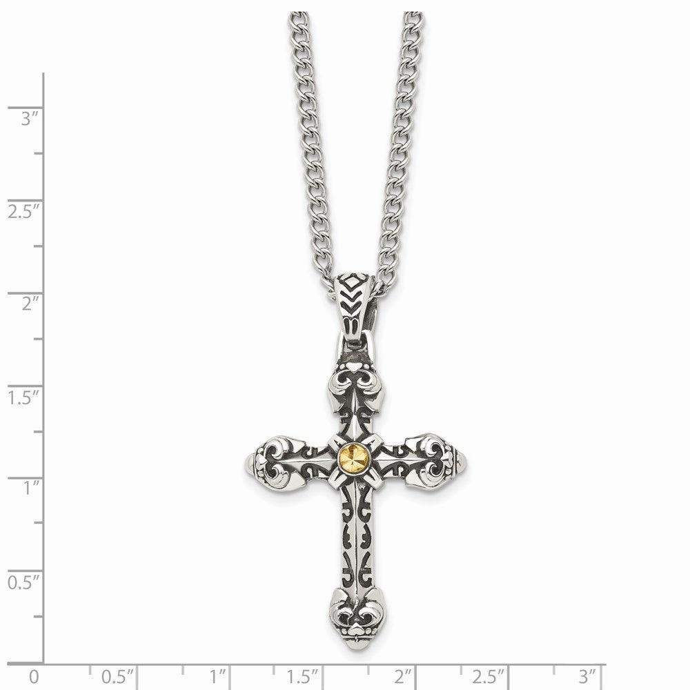 Stainless Steel Antiqued Yellow IP-plated D/C Center Cross Necklace