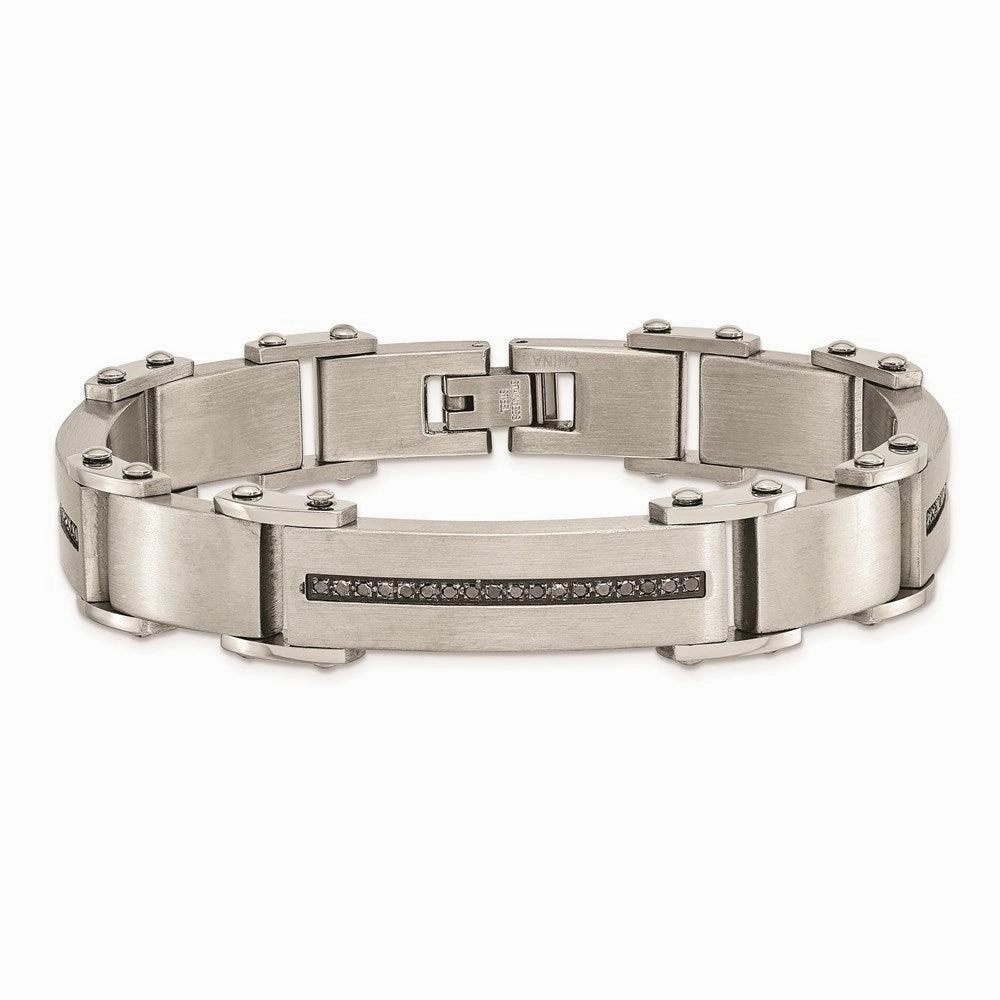 Stainless Steel Black Diamonds Brushed & Polished 8.5in Bracelet