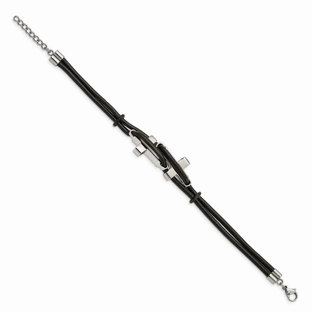 Stainless Steel Black Leather 8.25in Bracelet