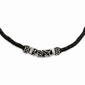 Stainless Steel Black Leather w/Antiqued Beads Necklace