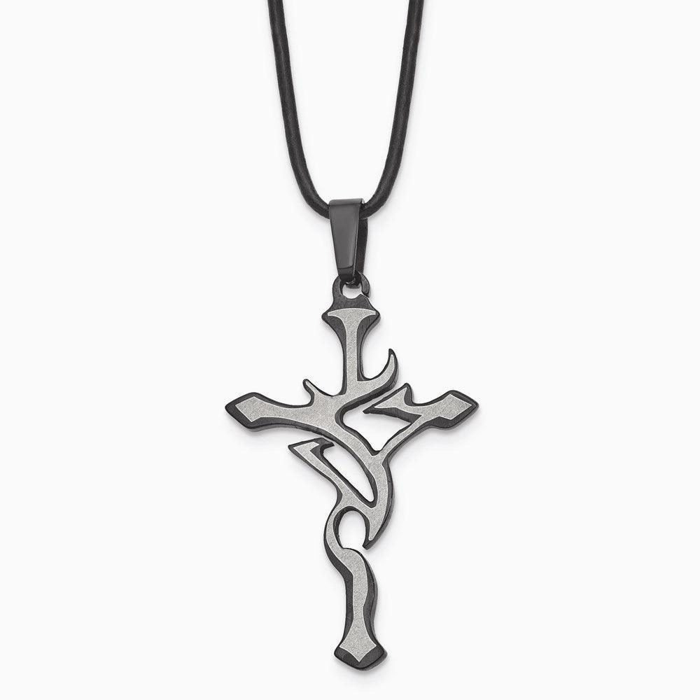 Stainless Steel Black Plated and Grey Accent Cross Necklace
