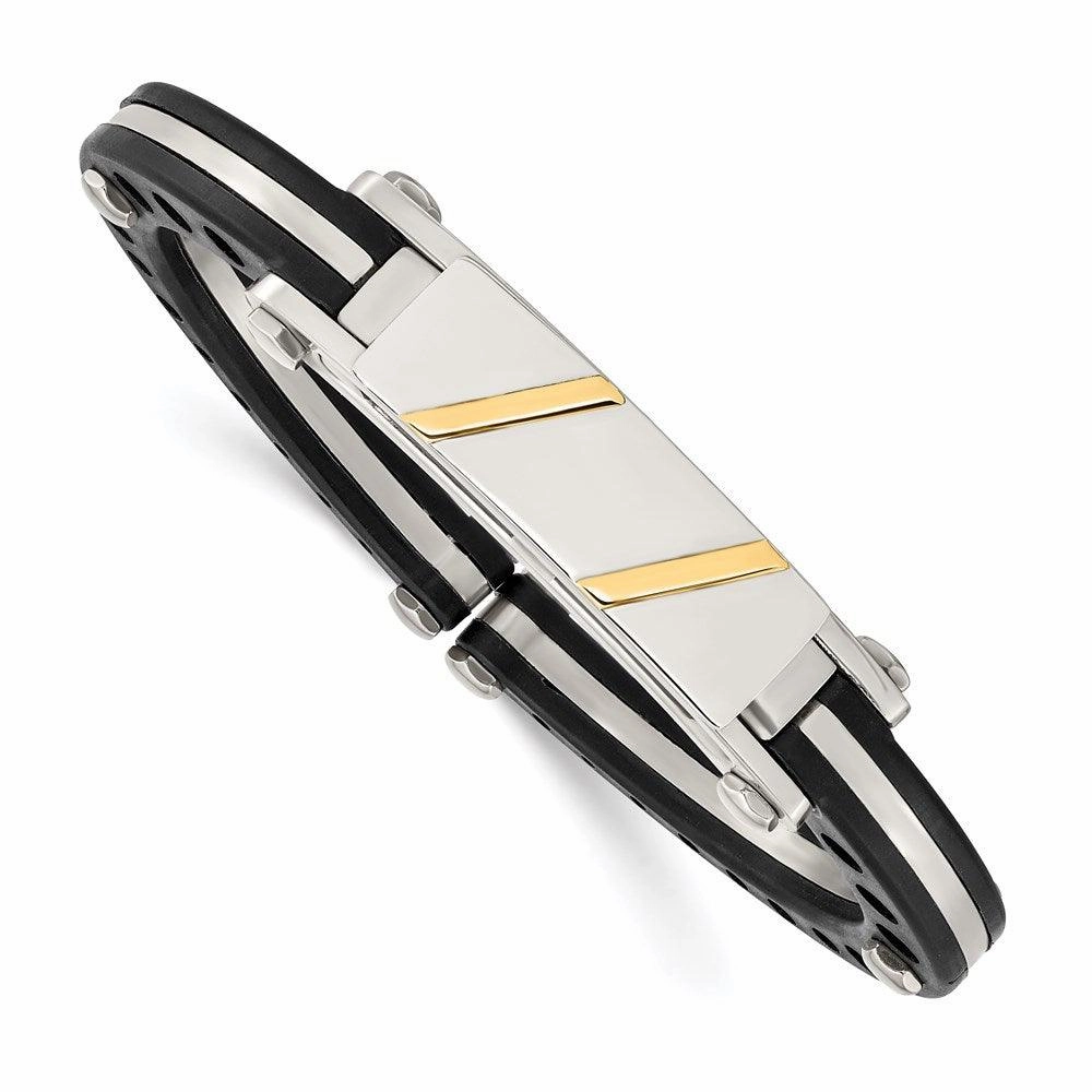Stainless Steel Black PVC & 14k Yellow Inlay Hinged Bangle