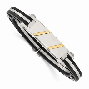Stainless Steel Black PVC & 14k Yellow Inlay Hinged Bangle