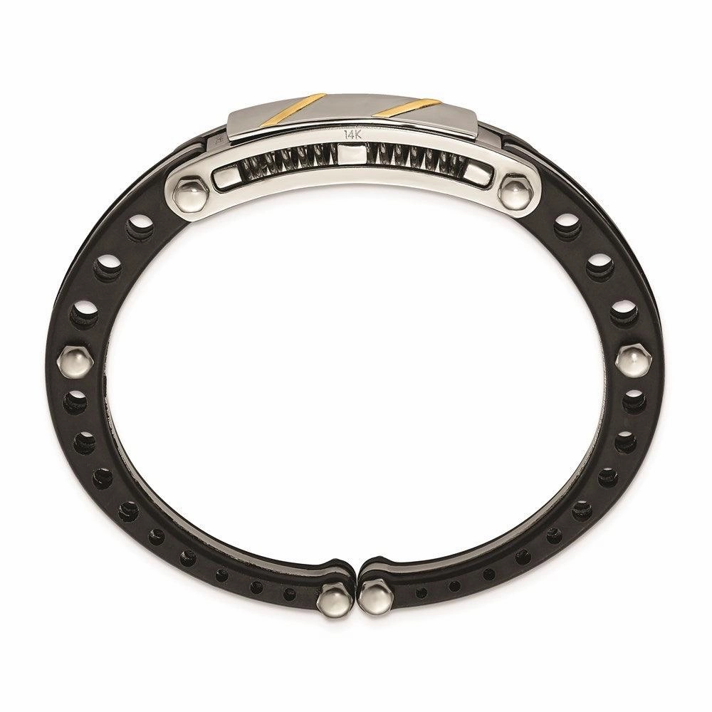 Stainless Steel Black PVC & 14k Yellow Inlay Hinged Bangle