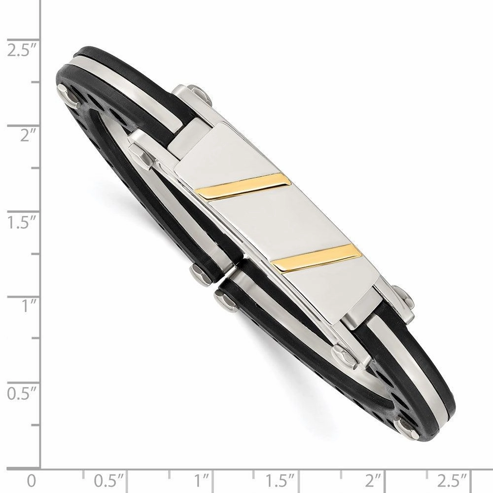 Stainless Steel Black PVC & 14k Yellow Inlay Hinged Bangle