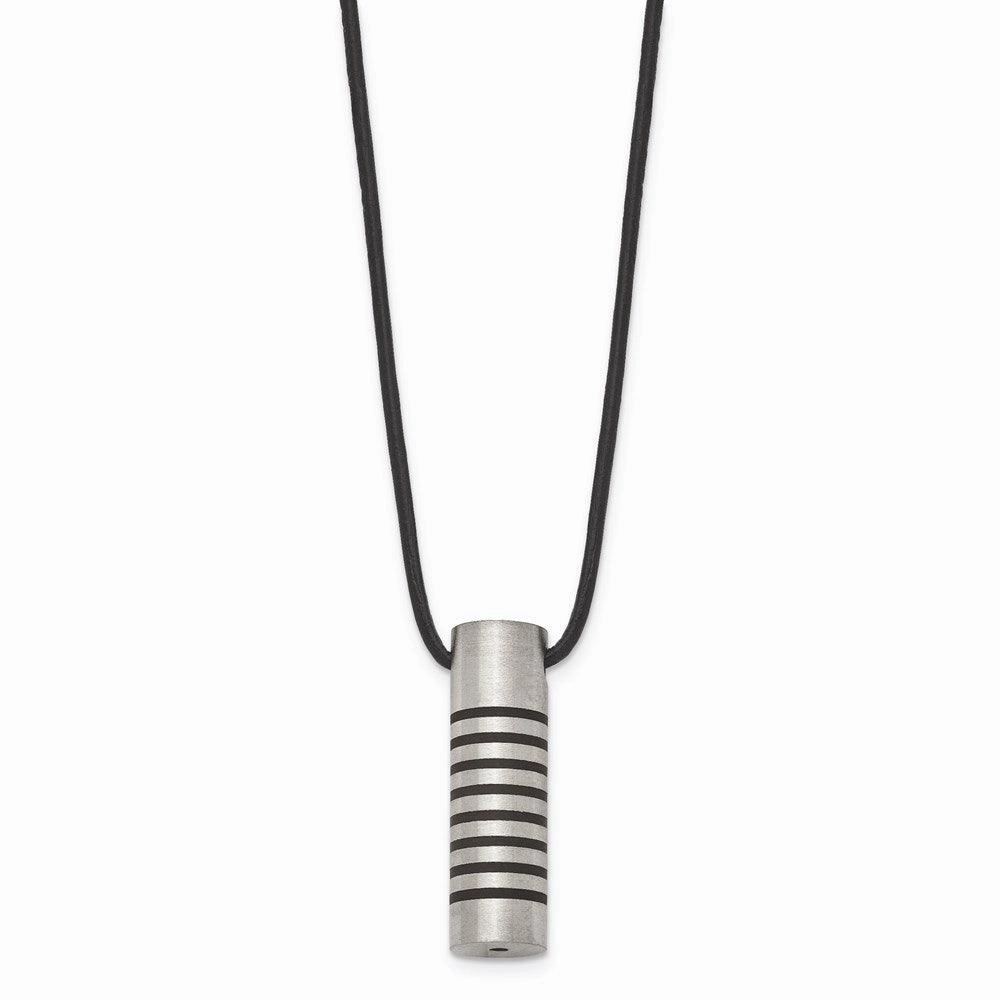 Stainless Steel Black Rubber Accent Leather Cord Necklace