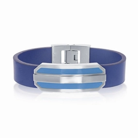 Stainless Steel Blue Strap with Center Lined Bar Bracelet