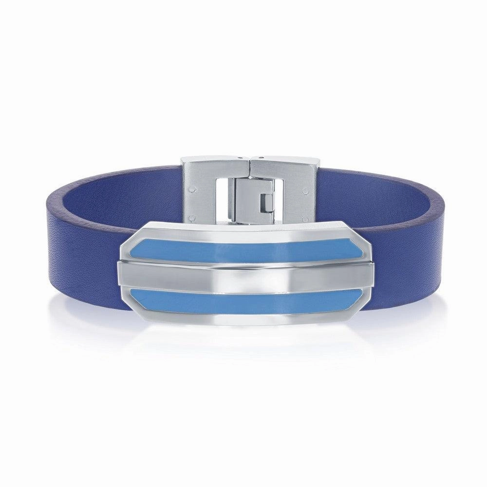 Stainless Steel Blue Strap with Center Lined Bar Bracelet