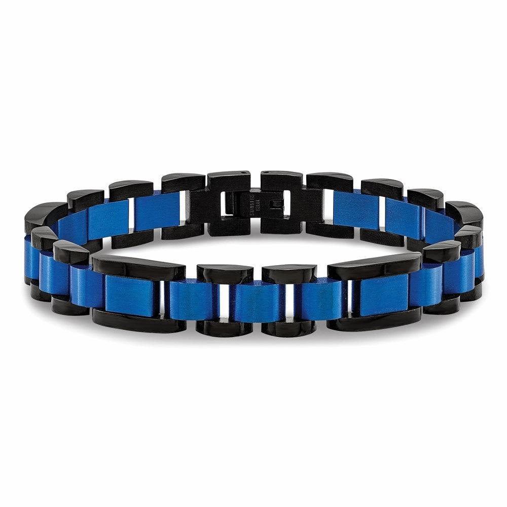 Stainless Steel Brushed & Polished Black & Blue IP-plated 8.75in Bracelet