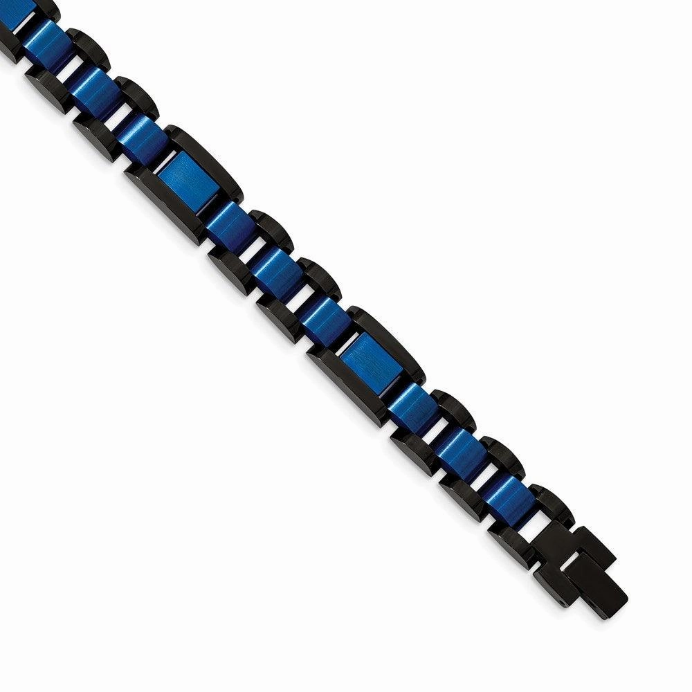 Stainless Steel Brushed & Polished Black & Blue IP-plated 8.75in Bracelet