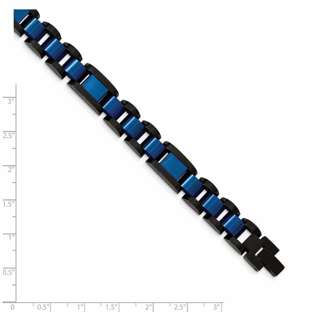 Stainless Steel Brushed & Polished Black & Blue IP-plated 8.75in Bracelet
