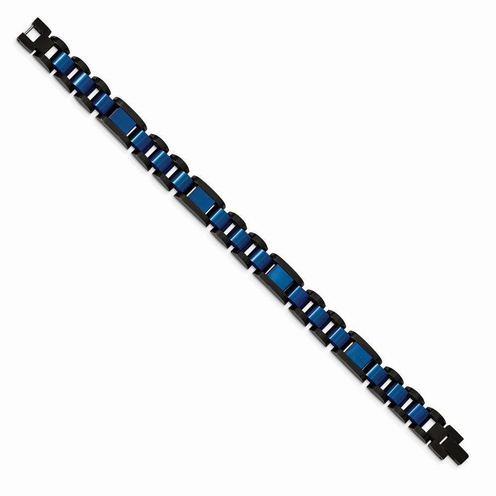 Stainless Steel Brushed & Polished Black & Blue IP-plated 8.75in Bracelet