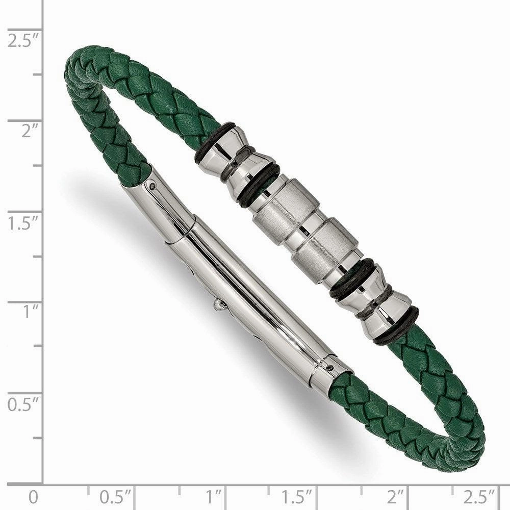 Stainless Steel Brushed & Polished Black IP/Rubber Green Leather Adj. Brace