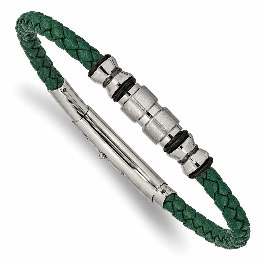 Stainless Steel Brushed & Polished Black IP/Rubber Green Leather Adj. Brace