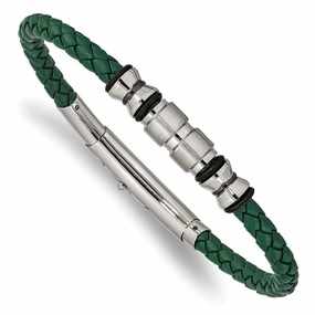 Stainless Steel Brushed & Polished Black IP/Rubber Green Leather Adj. Brace