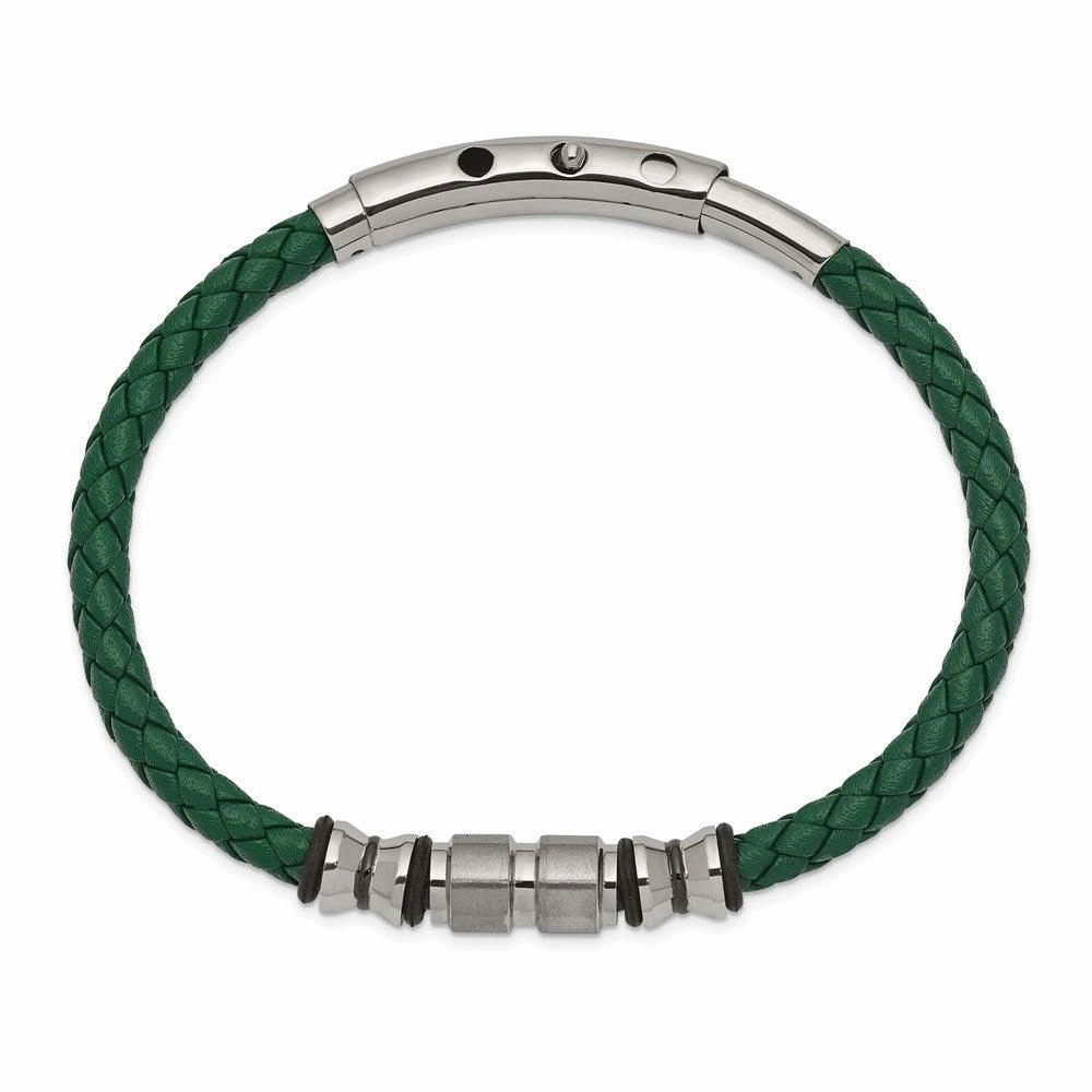 Stainless Steel Brushed & Polished Black IP/Rubber Green Leather Adj. Brace