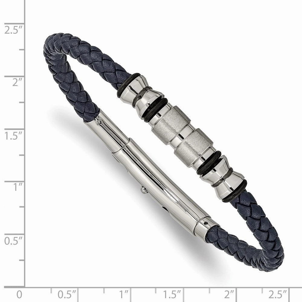 Stainless Steel Brushed & Polished Blk IP/Rubber Blue Leather Adj. Bracelet