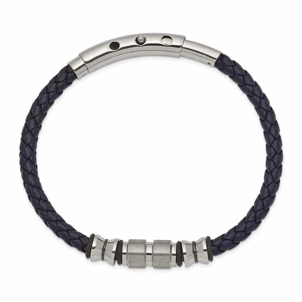 Stainless Steel Brushed & Polished Blk IP/Rubber Blue Leather Adj. Bracelet