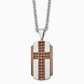 Stainless Steel Brushed & Polished Brown IP-plated Cross Necklace