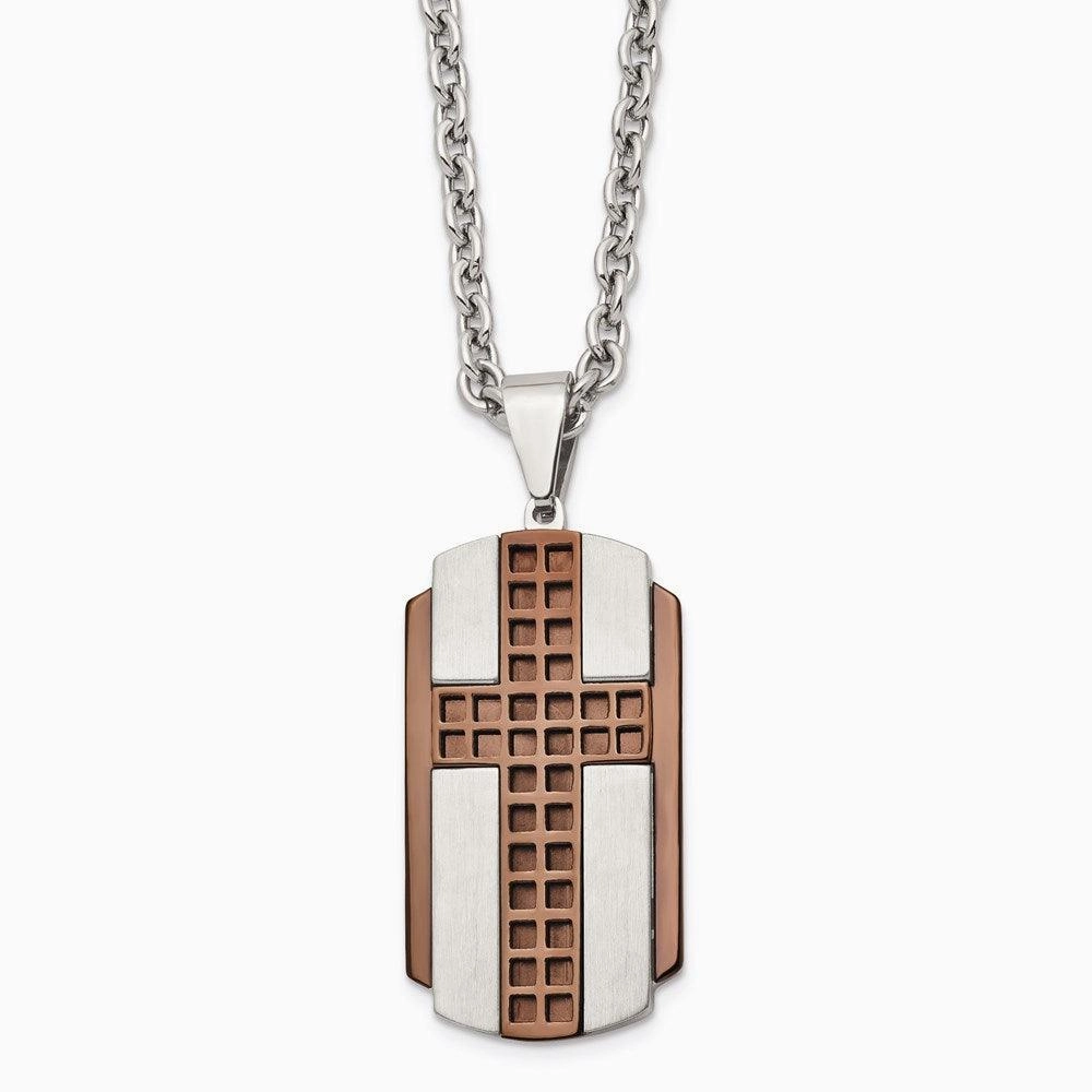 Stainless Steel Brushed & Polished Brown IP-plated Cross Necklace