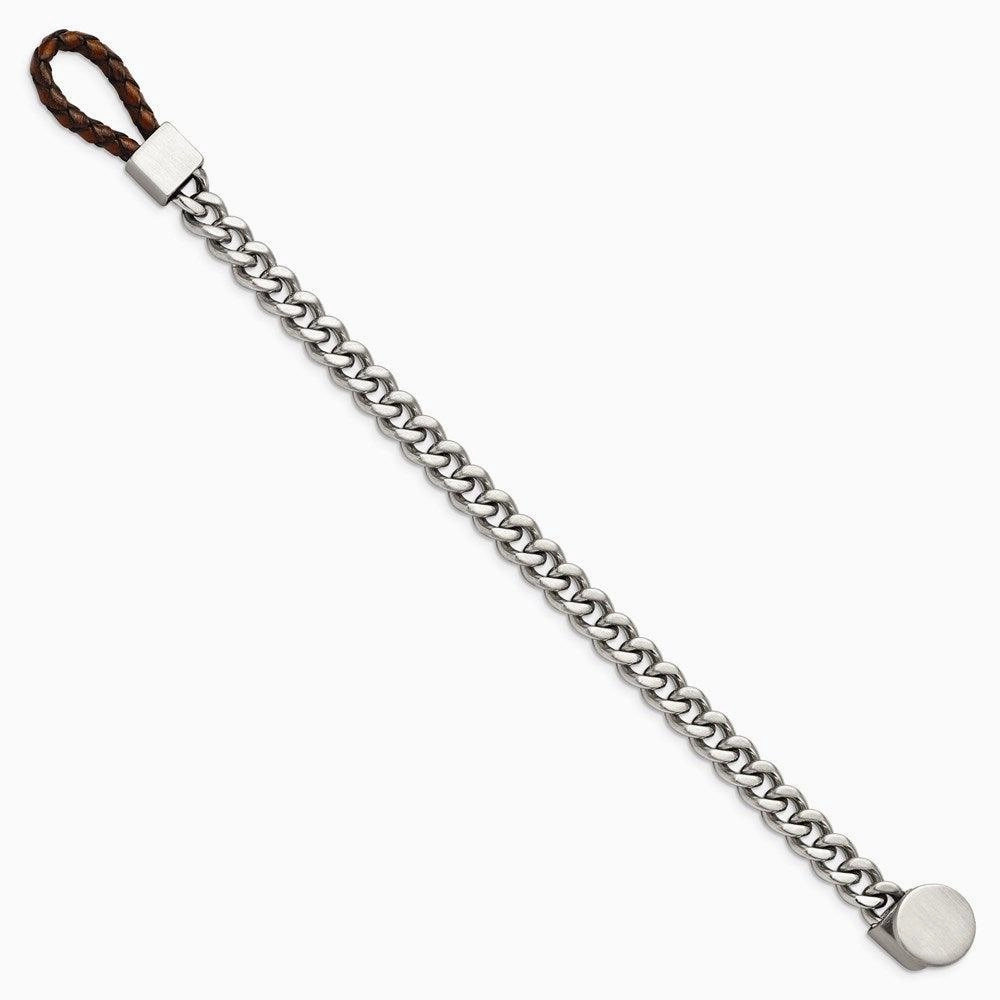 Stainless Steel Brushed & Polished Curb Chain w/Brown Leather Hook Bracelet