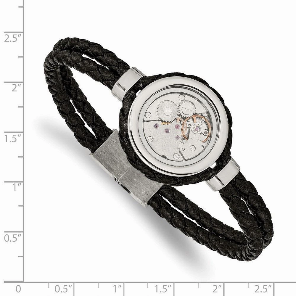 Stainless Steel Brushed & Polished Yellow IP w/CZ & Leather 8.5in Bracelet