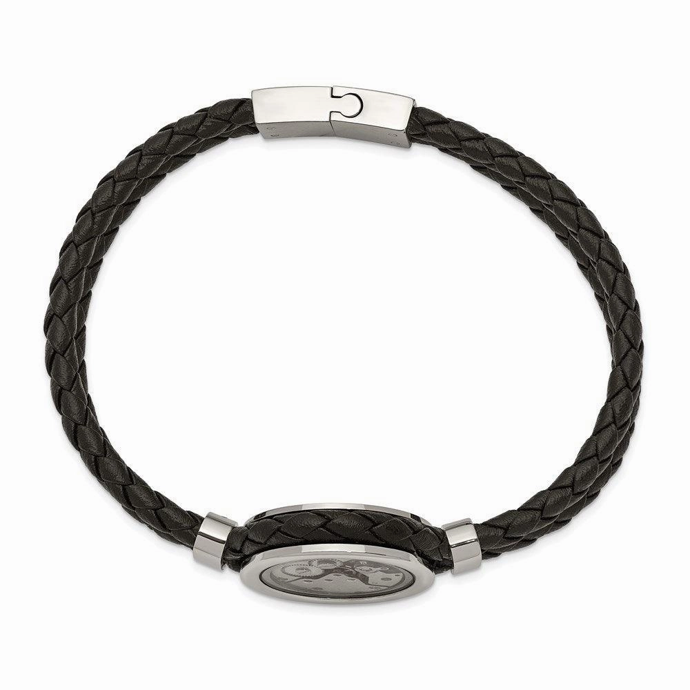 Stainless Steel Brushed & Polished Yellow IP w/CZ & Leather 8.5in Bracelet