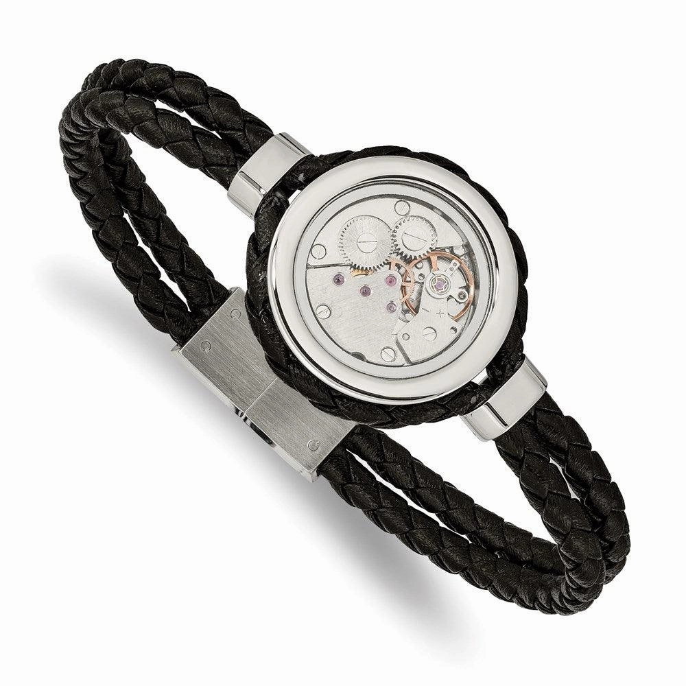 Stainless Steel Brushed & Polished Yellow IP w/CZ & Leather 8.5in Bracelet