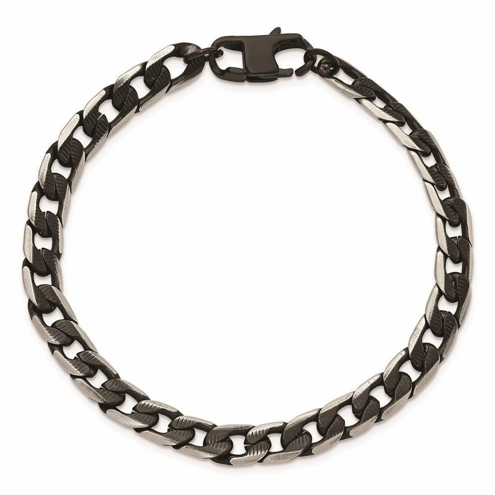 Stainless Steel Brushed & Textured Black IP-plated Curb Chain 8in Bracelet