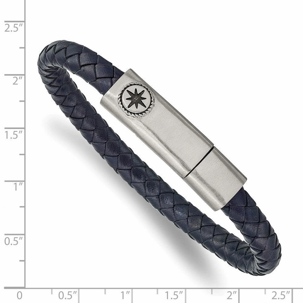 Stainless Steel Brushed and Oxidized Blue Leather Compass 8in Bracelet