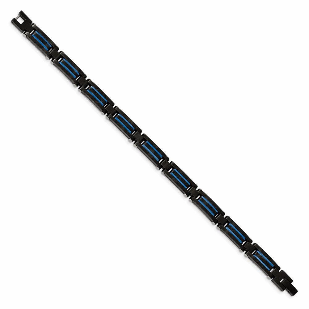 Stainless Steel Brushed and Polished Black/Blue IP-plated 8.5in Bracelet