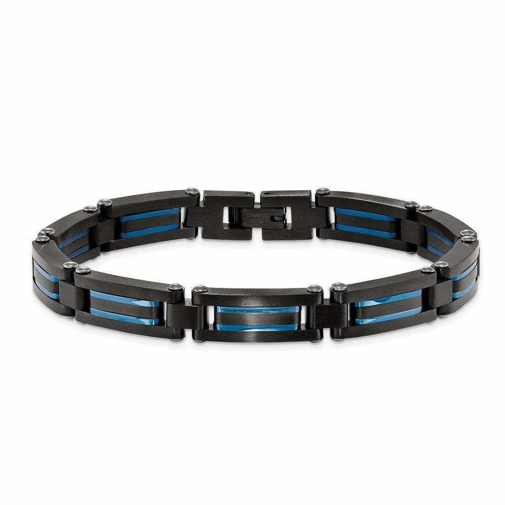 Stainless Steel Brushed and Polished Black/Blue IP-plated 8.5in Bracelet